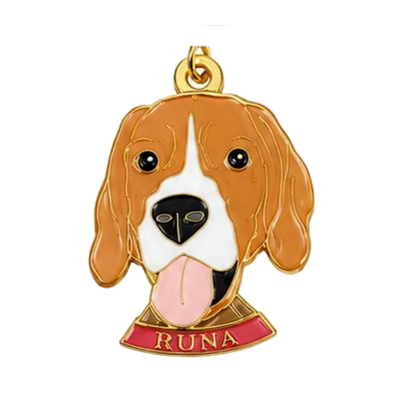 Runa, custom pet ID tag with a Beagle portrait