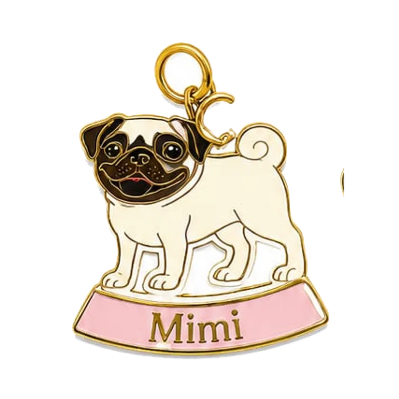 Mimi, custom pet ID tag with a Pug portrait