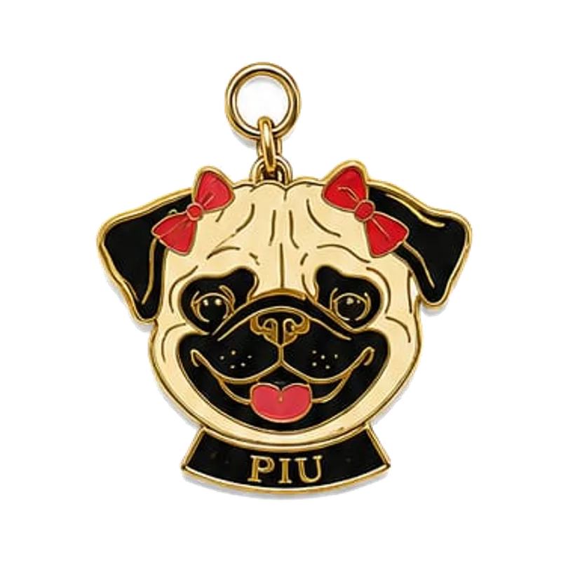 Piu, custom pet ID tag with a Pug portrait